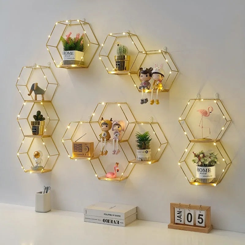 HexaShelf™️ - Nordic Hexagonal Iron Art Floating Wall Shelf & Light