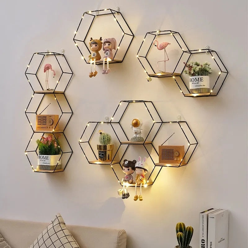 HexaShelf™️ - Nordic Hexagonal Iron Art Floating Wall Shelf & Light