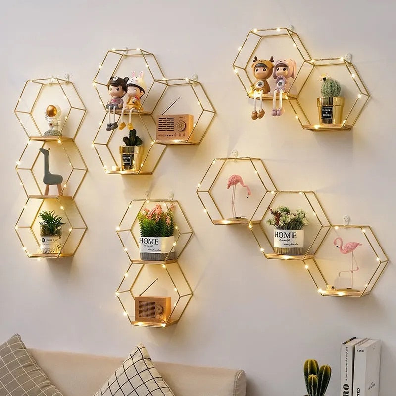 HexaShelf™️ - Nordic Hexagonal Iron Art Floating Wall Shelf & Light